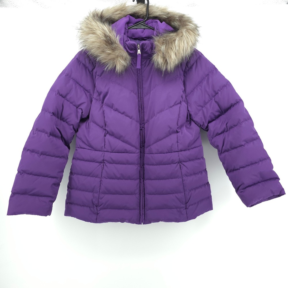Talbots Down Puffer Womens Jacket Large Petite Purple Faux Fur Hooded Coat
